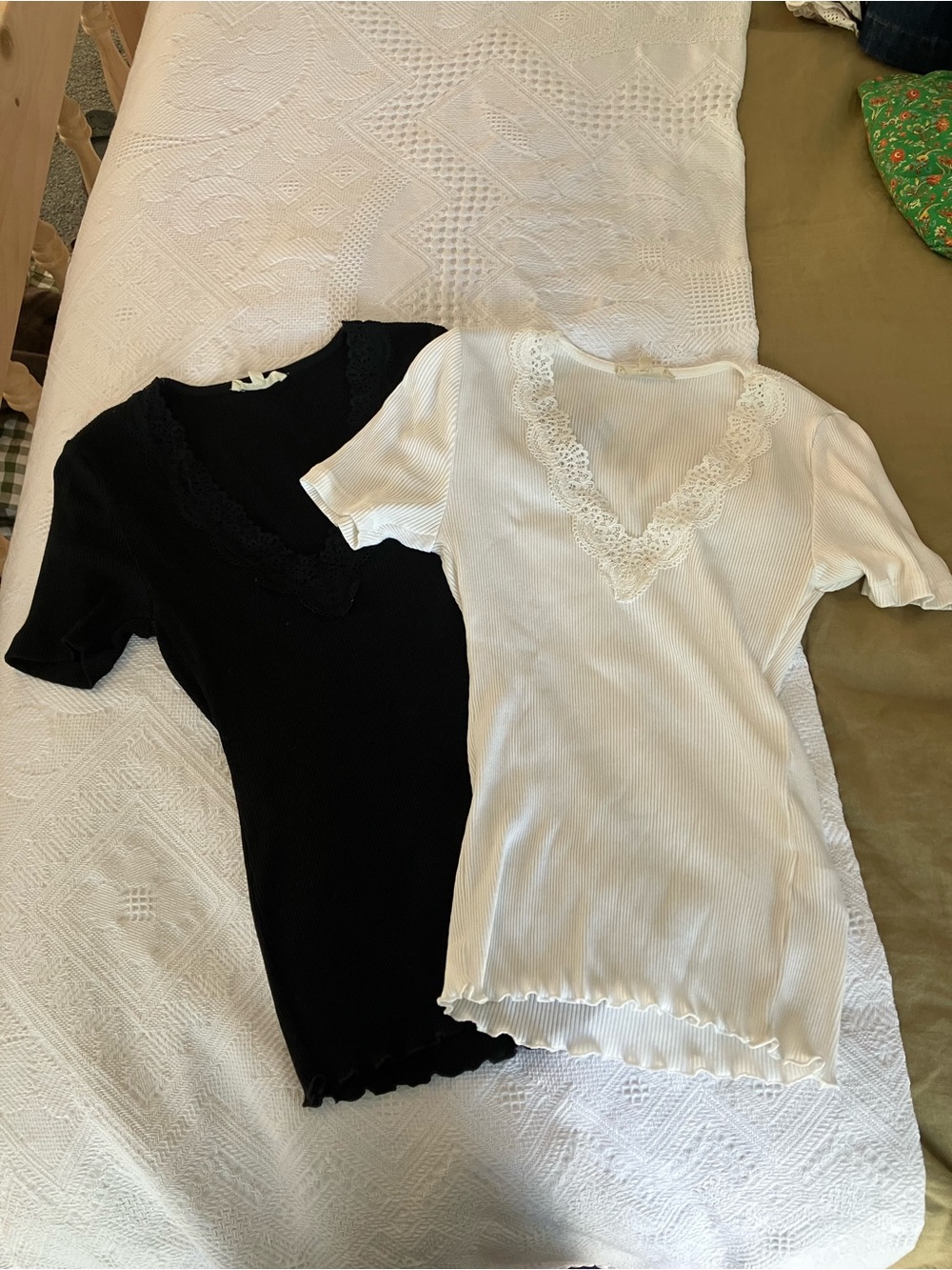 Madewell Black & White Lace-Trim Ribbed V-Neck Tops